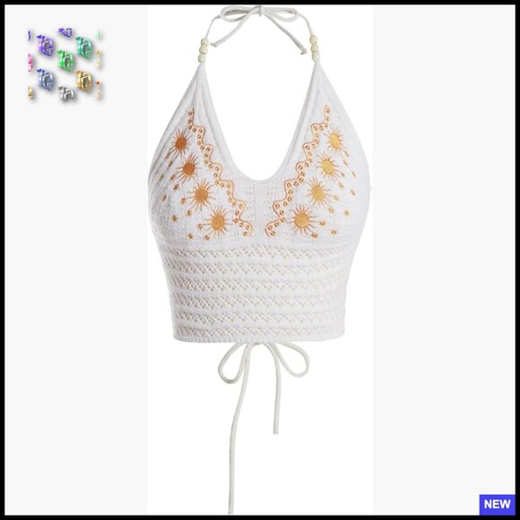 Tops - Open Back Halter Crop Top Embroidered Hippie Boho Tie Backless Knitted